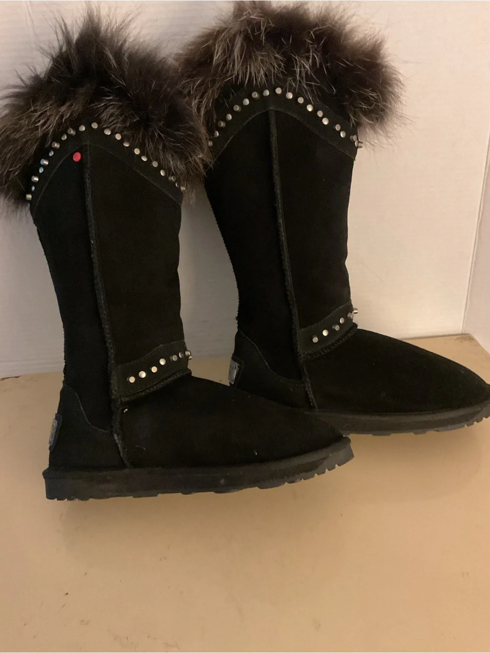 Australia collection women black suede fur stud tall boots US 8